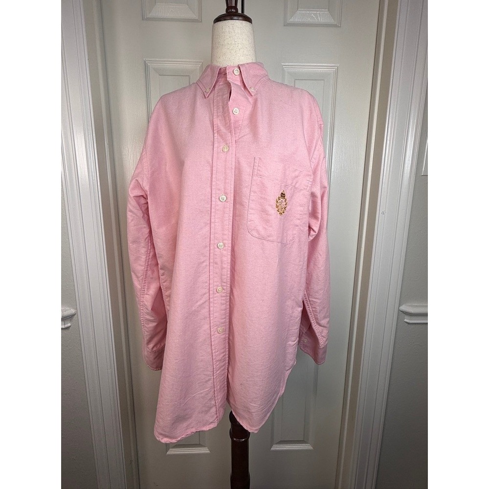 Polo‎ Ralph Lauren Pink Oxford Button Down Shirt Gold Crest Logo Womens Large